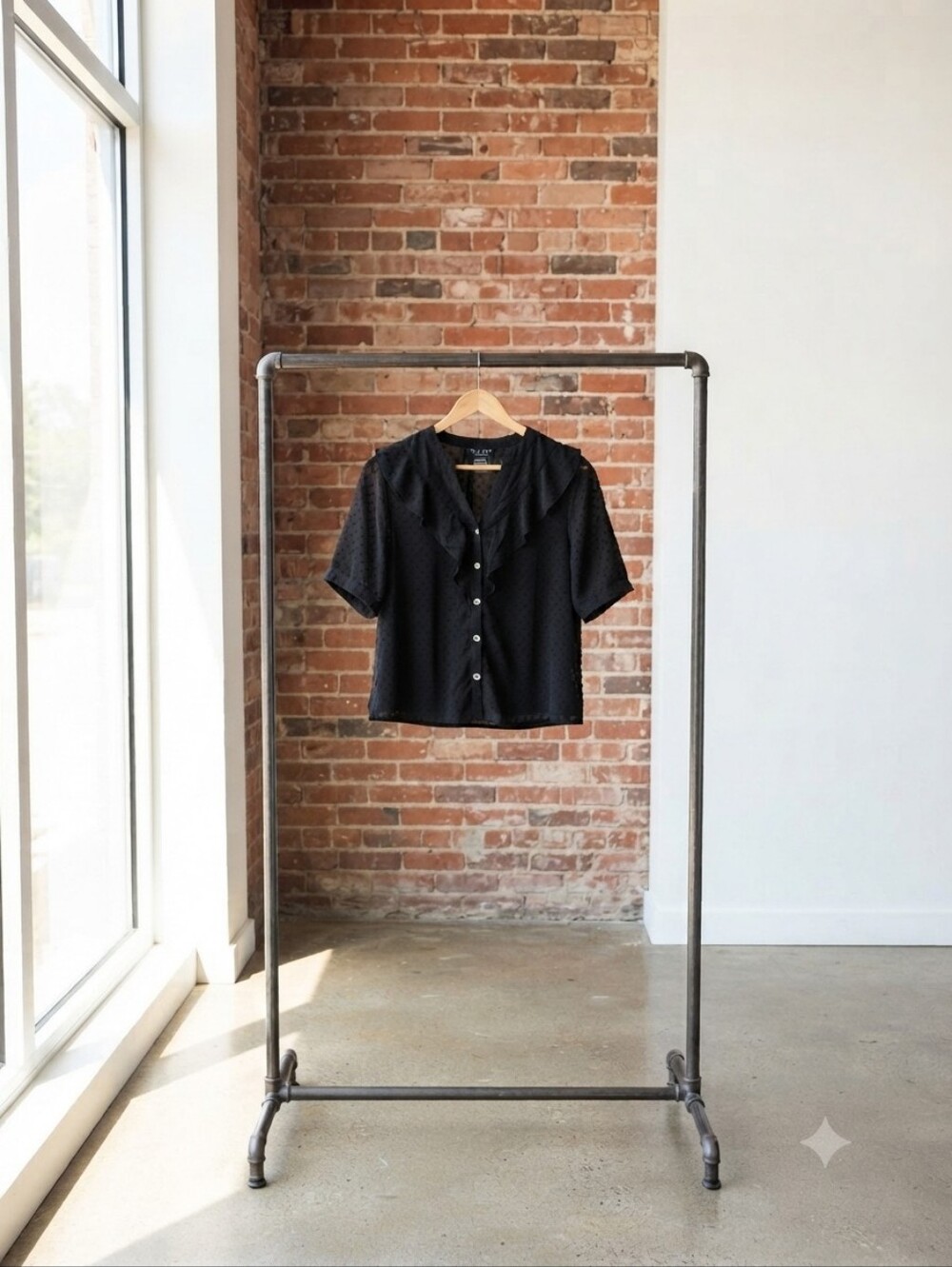 Haver London Black Short-Sleeve Button-Front Ruffle Collar Blouse Size XS